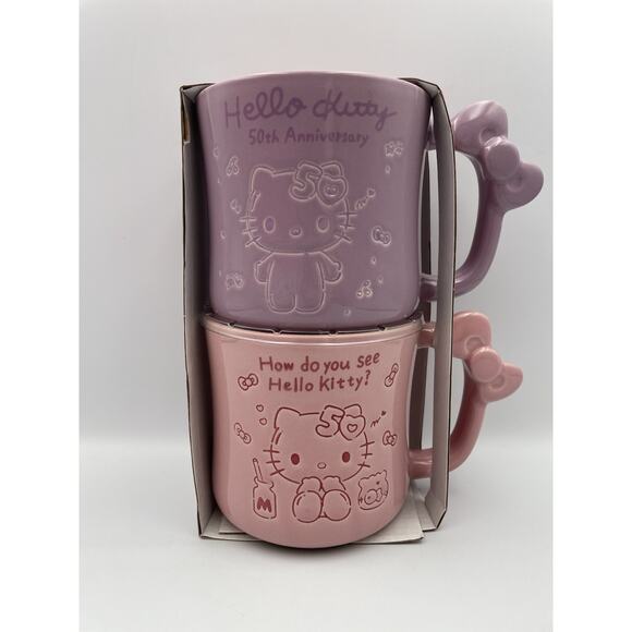 Hello Kitty 50th Anniversary Bow Mug Set By Blue Sky Clayworks Pink & Purple New - Picture 1 of 9